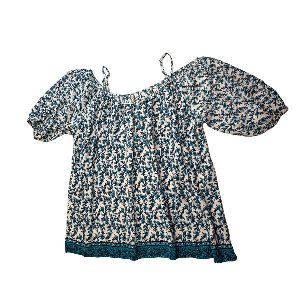 Adiktd Women Large Off Shoulder‎ Boho Top Blue Teal Floral Hand Blocked Cotton
